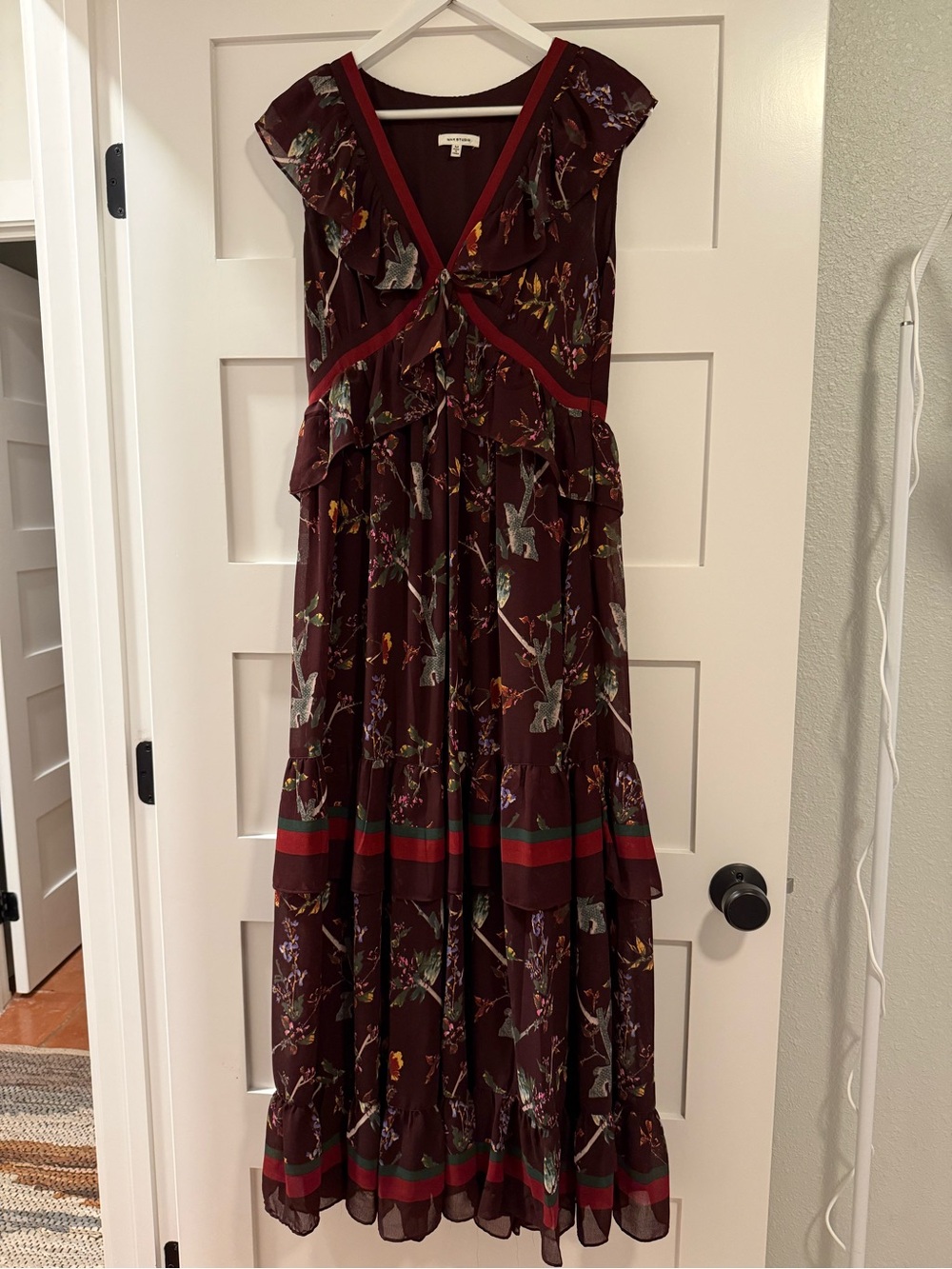 Max Studio Burgundy Floral Maxi Dress with Ruffle V-Neck